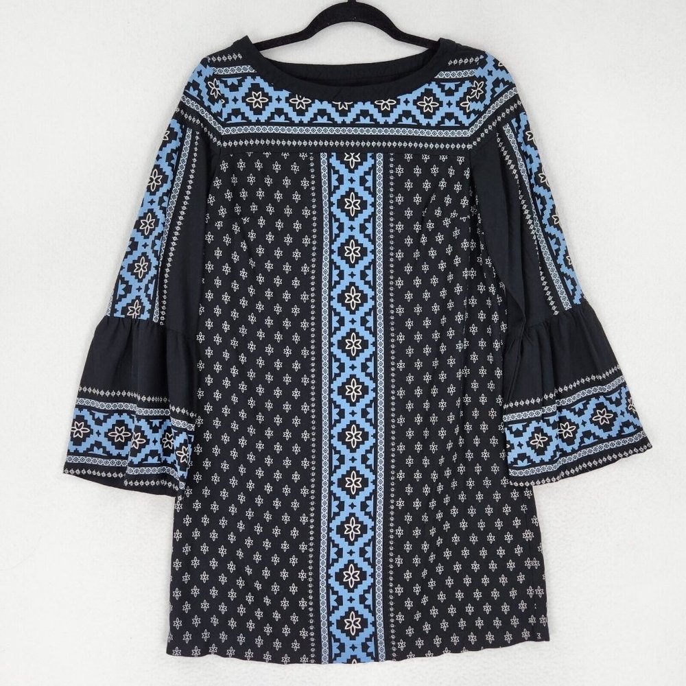 Ann Taylor LOFT Dress Womens Small Black Blue Long Bell Sleeve Shift Casual